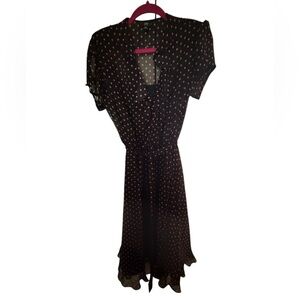 JBS Midi Dress Womens 14W Brown Polka Dot Ruffle Tie Semi Sheer Faux Wrap